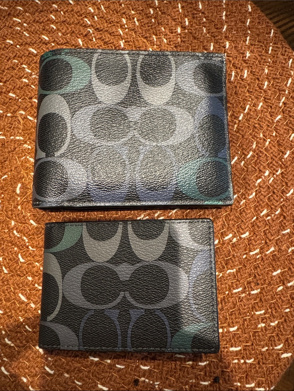 Coach Men's Signature Bi-Fold Wallet in Black with Gray and Teal Accents